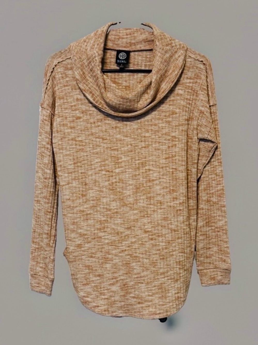 Bobeau Small Heathered Taupe Rib Knit Cowl Neck Long Sleeve Top